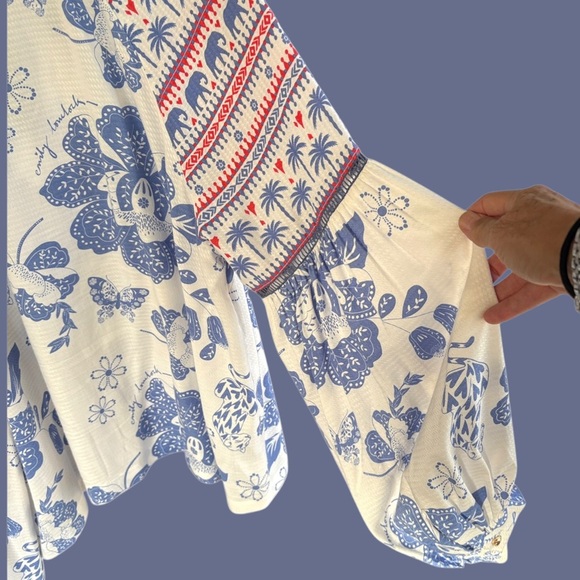 Like New Anthropologie Emily Lovelock Emma Top Medium Floral Elephant Palm Tree - Picture 10 of 11